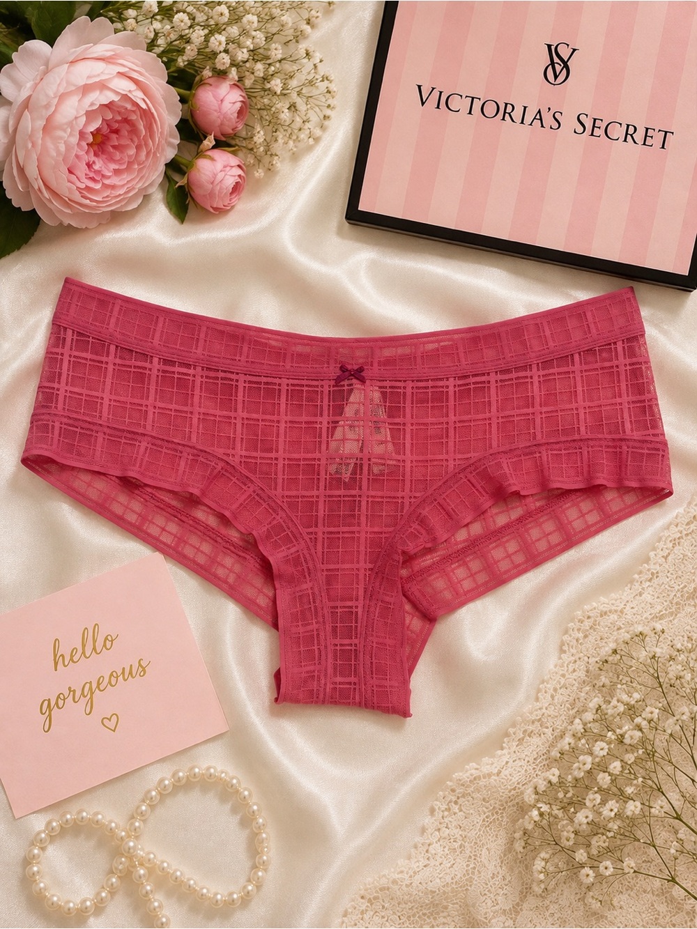 NWT Victoria's Secret Hot Pink Lace-Check Hipster Panty Size XL